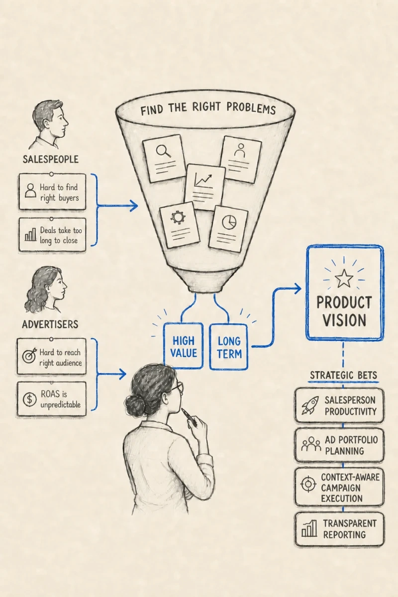 Product strategy sketch showing long-term customer problems becoming a product vision